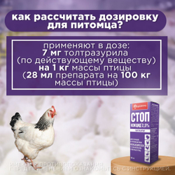 Суспензия сельско-хозяйственных птиц для лечения и профилактики кокцидиозов Аписенна СТОП-КОКЦИД 2,5% 100мл, Толтразурил 25мг