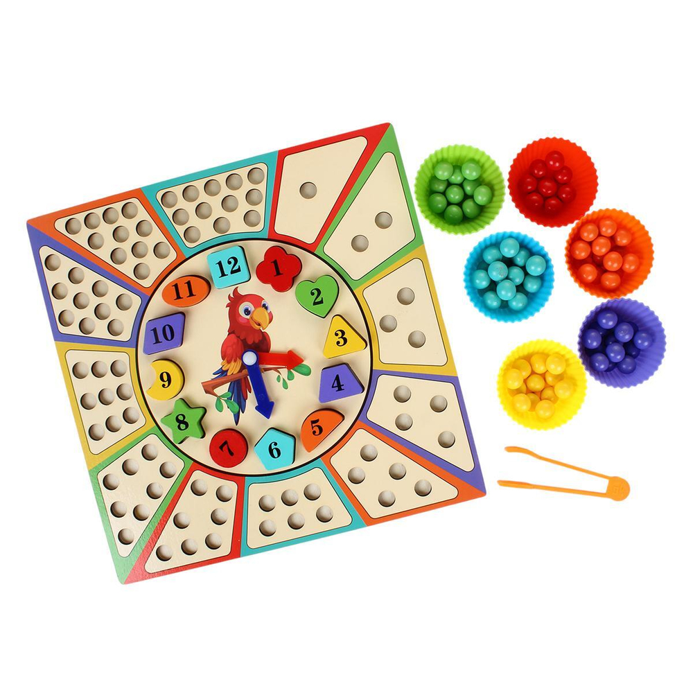 Развивающая игрушка деревянная с шариками и часами, коробка C-41935