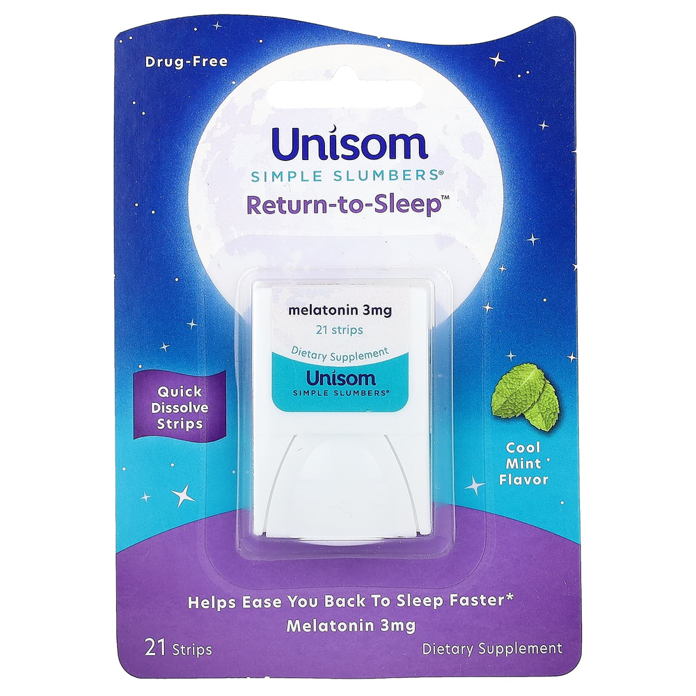 Unisom, Simple Slumbers, возврат к сну, мелатониновые полоски, холодящая мята, 3 мг, 21 полоска