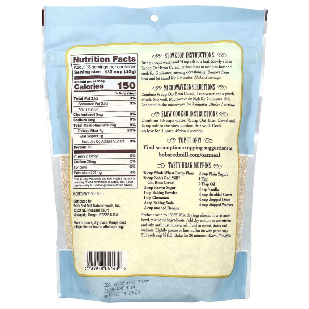 Bob's Red Mill, Каша с овсяными отрубями с высоким содержанием клетчатки, 510 г (18 унций)