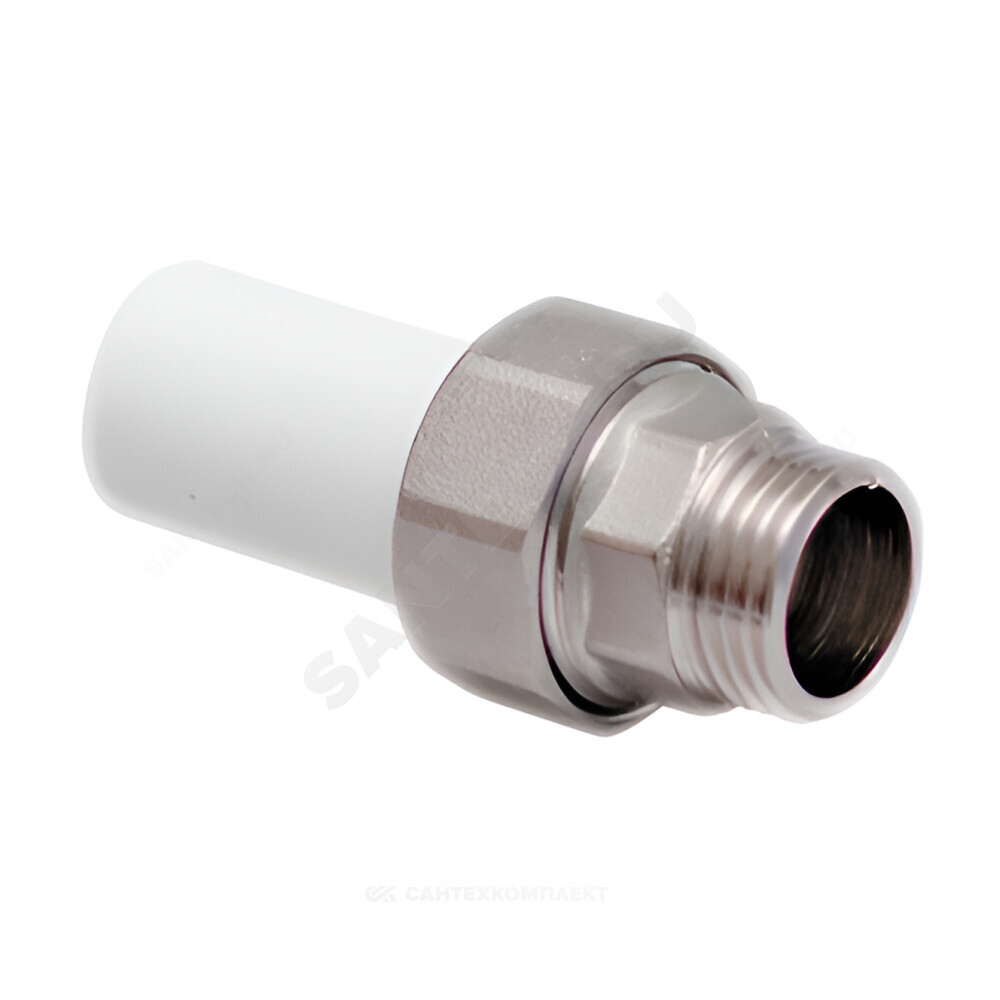 Муфта трубная PP-R комбинированная разъемная белая Дн 25х3/4" Ру25 наруж пайка/НР RTP (РосТурПласт) 14288