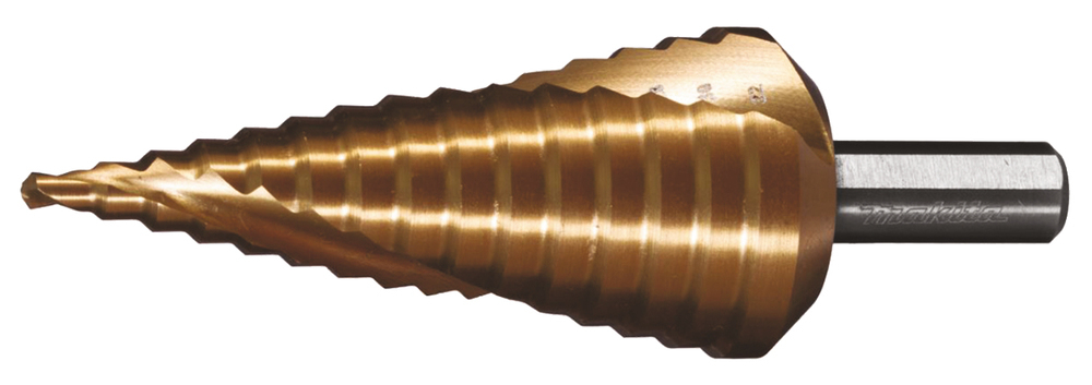 Сверло ступенчатое HSS TiN с спиральным желобком, 4-32x102, 6 мм Makita D-40191 Металл Конусное HSS Tin Ступенчатое 4 - 32 мм Шаг 2 мм Хвостовик 3 гранный