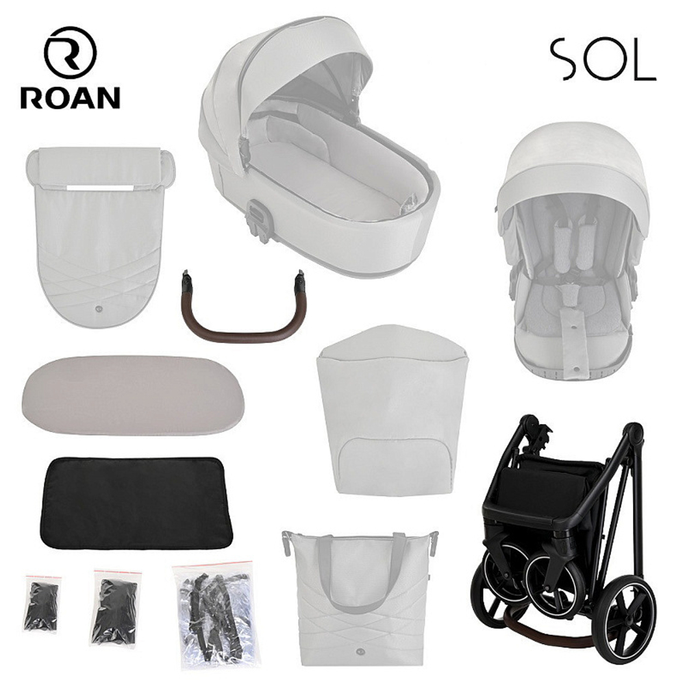 Детская коляска Roan Sol Кожа 3 в 1 с автокреслом Tutis Elo Lux Black RSL/2024 White/Black/руч.Тем.коричневый