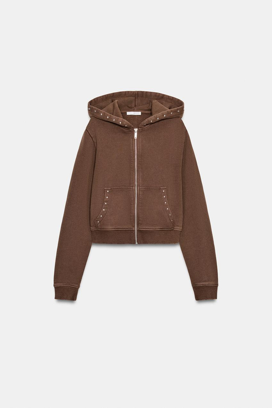 ZARA ТОЛСТОВКА ИЗ ФЛИСА С ЭФФЕКТОМ ПОТЕРТОСТИ И ЗАКЛЕПКАМИ, ТЕМНО-КОРИЧНЕВЫЙ