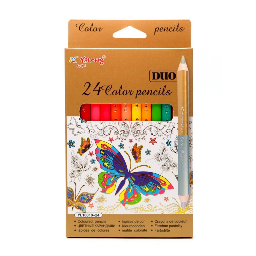 Карандаши цветные двусторонние утолщенные Yalong 12/24 цв., "Узоры-4. Jumbo" деревянные, трехгранные, заточенные, золото+серебро, грифель 4.0 мм, картон. уп., европод.