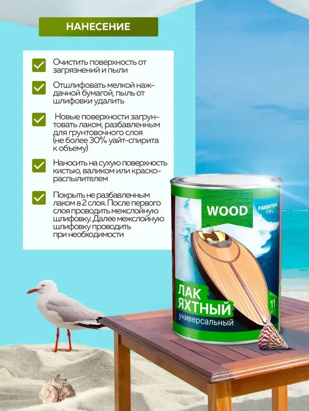 Лак для ДЕРЕВА 0,9 л бесцветный яхтный FARBITEX глянцевый, для наружных и внутренних работ, для мебели