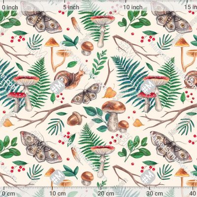 Акварельный лес с улиткой, мухоморами, мотыльком и папоротниками by Loft Bat 288 DPI