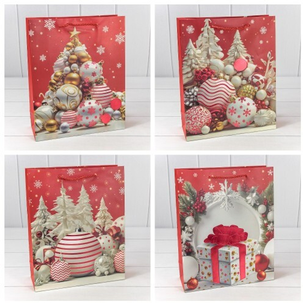 Пакет подарочный 26 х 32 х 10 см Набор 4 шт "Новый год" (Красный)
