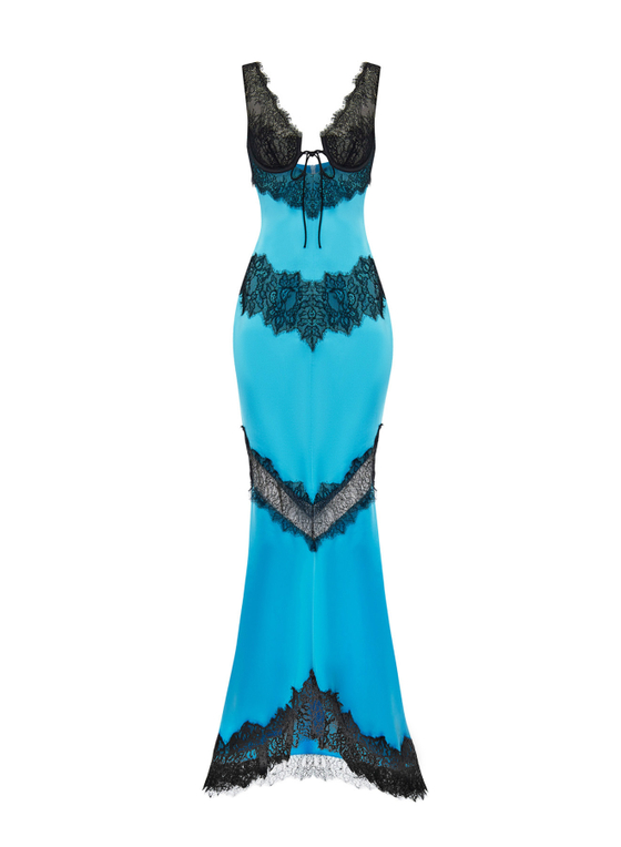 Платье макси из сатина и кружева с вырезами