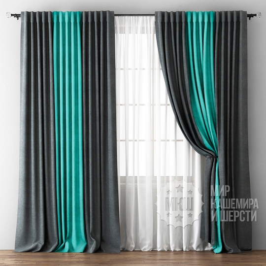 Готовые шторы для гостиной: КРИСТЕН (арт. BL01-242-05) - 300х270, (170х270)х2 см. - (Возможна высота 250 см.) - мокрый асфальт-бирюзовые