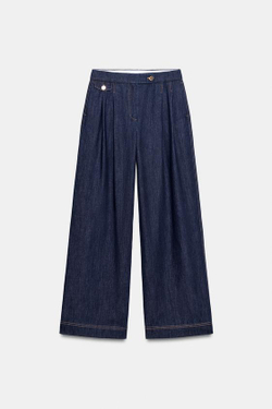 ZARA ШИРОКИЕ БРЮКИ С ЗАЩИПАМИ, СИНИЙ