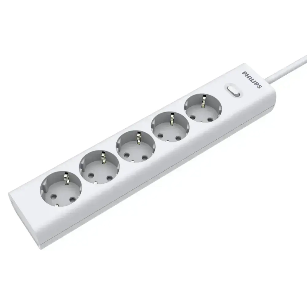 Сетевой фильтр удлинитель Philips CHP2155WA/51 с пятью стандартными розетками EU, с заземлением и защитой от перегрузок, 2 м, белый