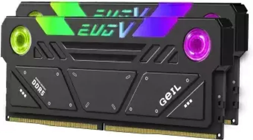 Оперативная память с RGB подсветкой 32GB Kit (2x16GB) GEIL EVO V RGB 7200Mhz DDR5 PC5-57600  36-44-44-86 1.35V GESG532GB7200C36ADC Black (интегрирована система охлаждения с двумя вентиляторами)