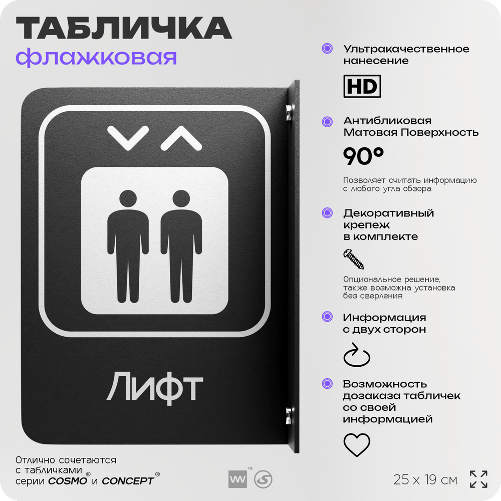 Табличка Лифт флажковая на стену, двусторонняя с крепежом, 19 х 25 см, для офиса, кафе, ресторана, серия COSMO, Айдентика Технолоджи