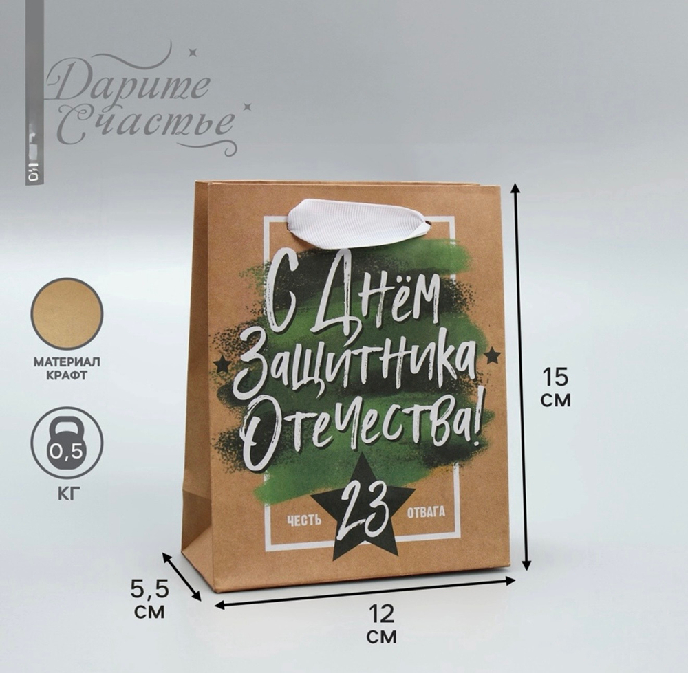 Пакет подарочный крафтовый, упаковка, «С 23 февраля», 12×15×5.5 см