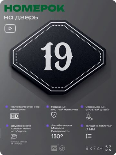 Номерок на дверь квартиры 19, для кабинета, офиса, шильдик 9 х 7 см, черный, Айдентика Технолоджи
