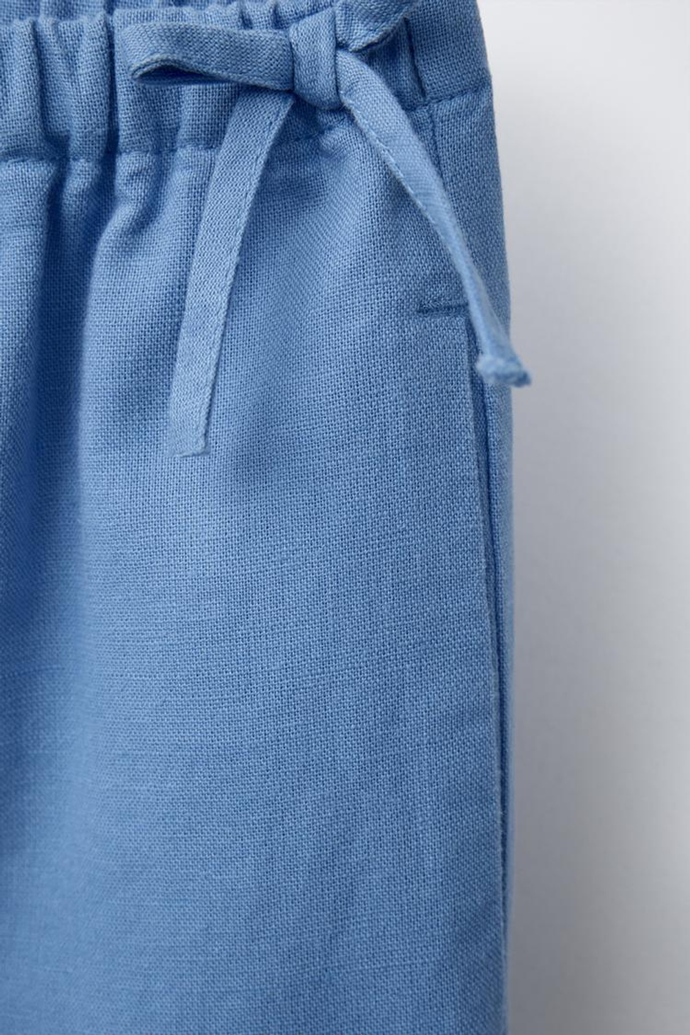 ZARA БРЮКИ ИЗ ХЛОПКА И ЛЬНА С БАНТАМИ, СИНИЙ