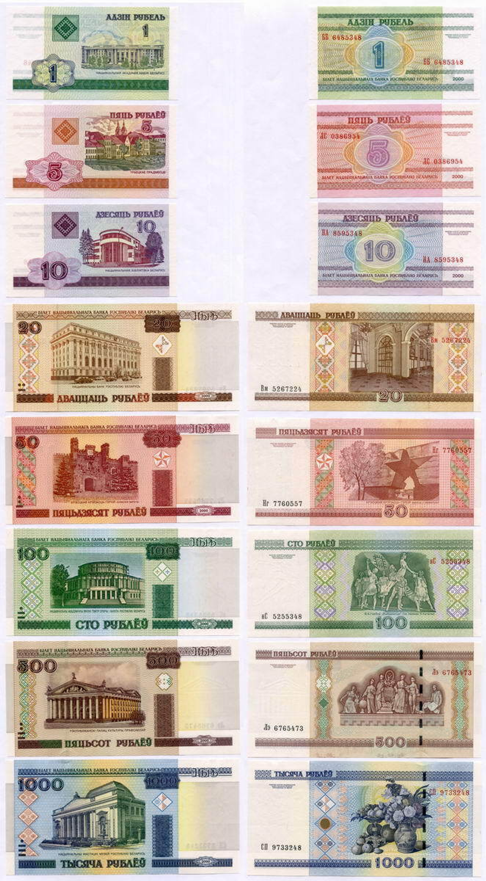 Банкноты Беларусь 8 шт (1, 5, 10, 20, 50, 100, 500 и 1000 рублей) 2000 год. UNC. Реальные номера