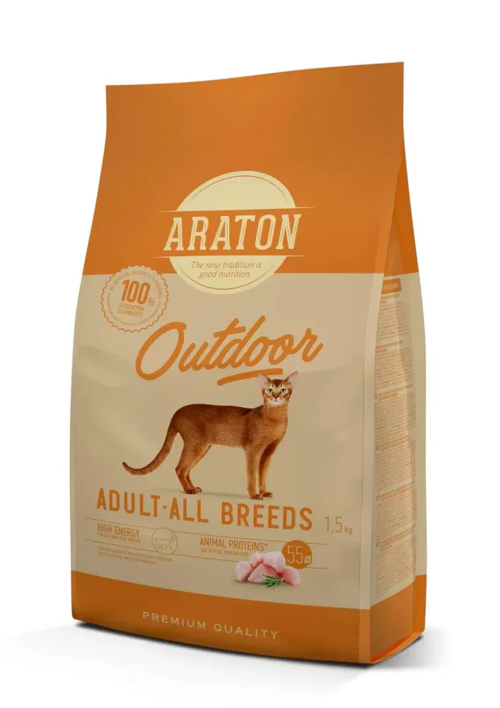 ARATON cat adult Outdoor. Полнорационный корм для кошек с курицей и индюшатиной, предназначенный для взрослых кошек, которые ведут активный образ жизни или живут на улице.