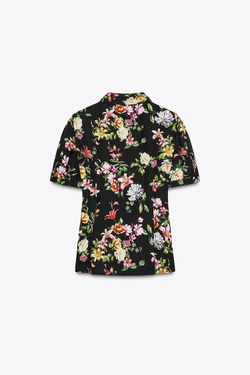 ZARA ТОП ИЗ ПОПЛИНА С ЦВЕТОЧНЫМ ПРИНТОМ, ЧЕРНЫЙ/ЗЕЛЕНЫЙ