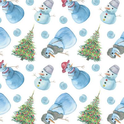 рождественский паттерн со снеговиками и новогодней елкой