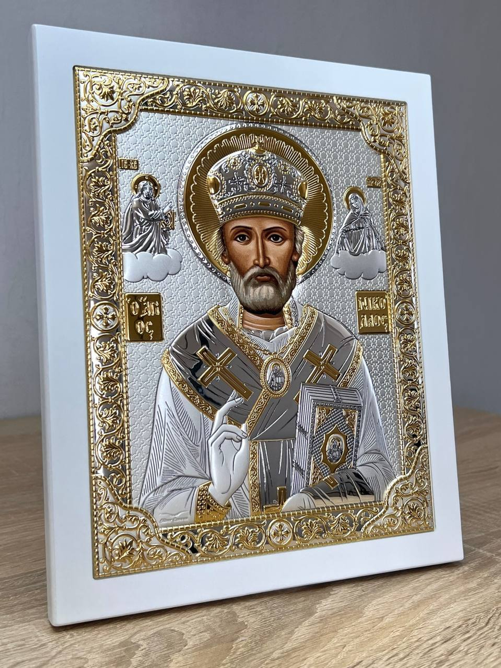 Николай Чудотворец, икона прямоугольная с рамкой, белое дерево 210х260