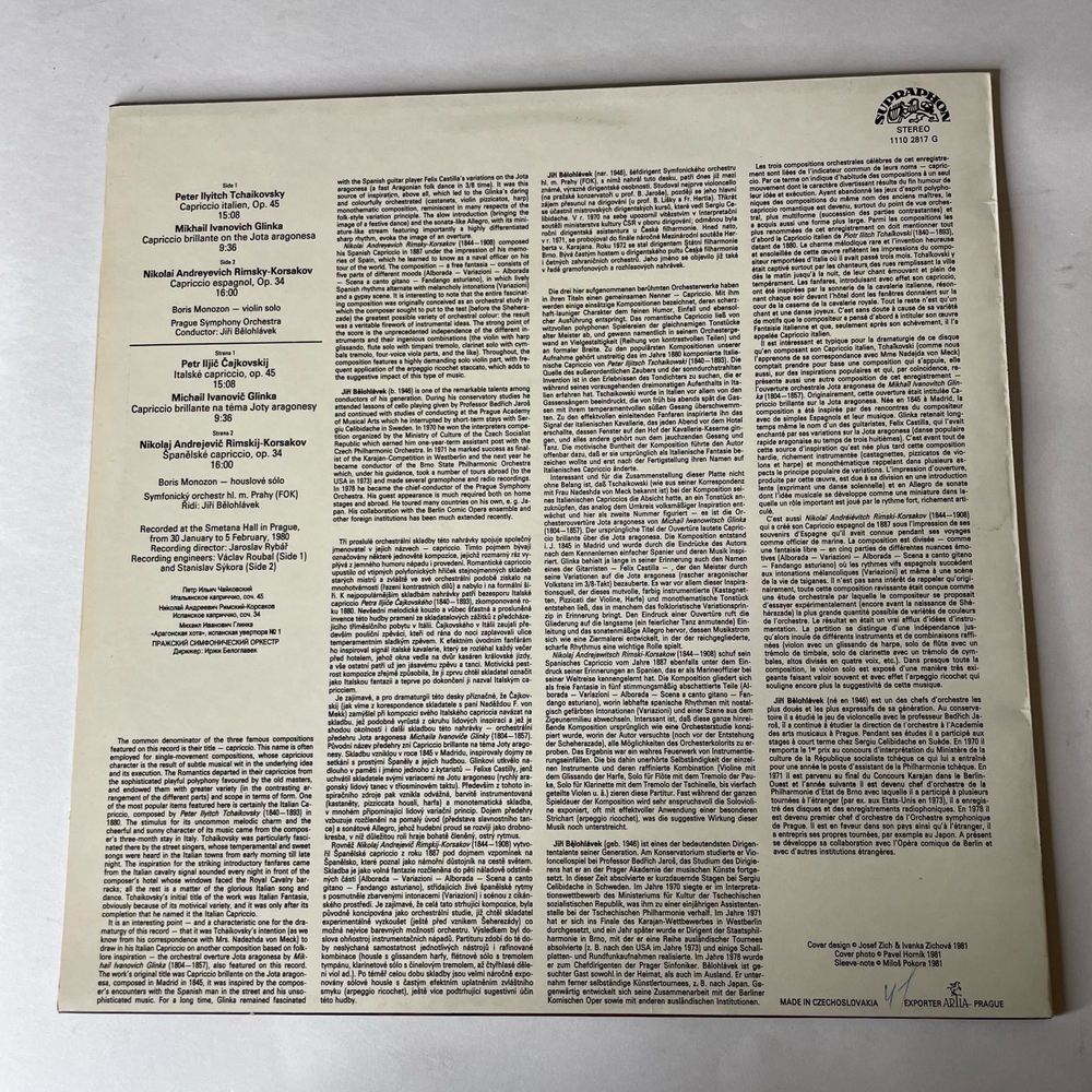 Винтажная виниловая пластинка LP Чайковский, Римский Корсаков, Глинка, Prague Symphony Orchestra, Jir Belohlavek, Capriccio (Italien) (Чехословакия 1981)