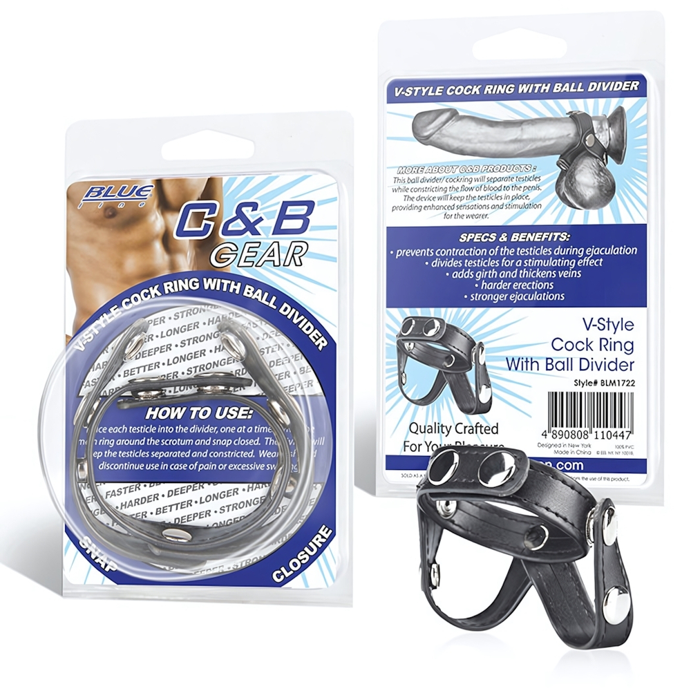 Кольцо на пенис с разделителем мошонки из искусственной кожи на клепках V-STYLE COCK RING (Цвет: черный)