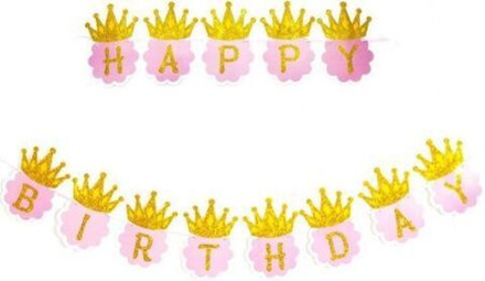 Гирлянда Happy Birthday, Золотые короны, Розовый, 180 см, 1 шт.
