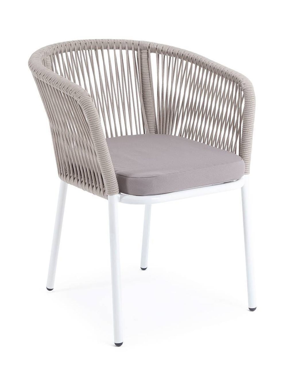 "Марсель" стул плетеный из роупа, каркас алюминий белый муар, роуп бежевый круглый, ткань бежевая 035