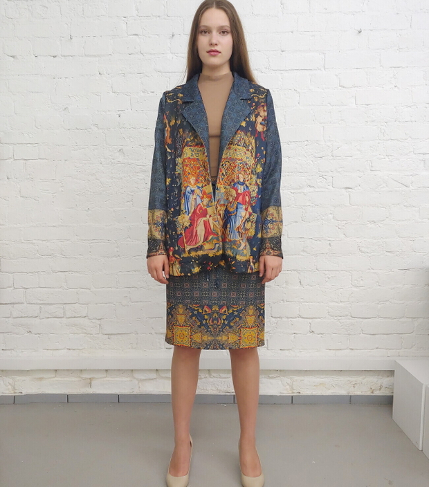 Комплект (жакет и юбка) "Кормление птиц", по мотивам средневековой шпалеры 15 века