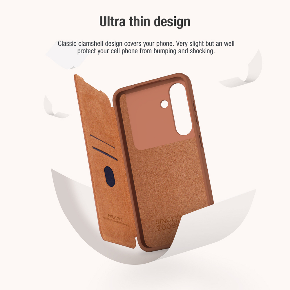 Кожаный чехол книжка коричневого цвета от Nillkin для Samsung Galaxy S25, серия Qin Pro Leather с сдвижной защитной шторкой для камеры