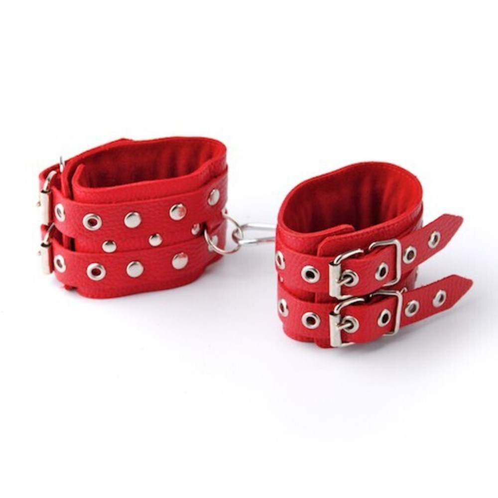 Наручники из натуральной кожи с 2 ремешками (Цвет: красный с серебряным)