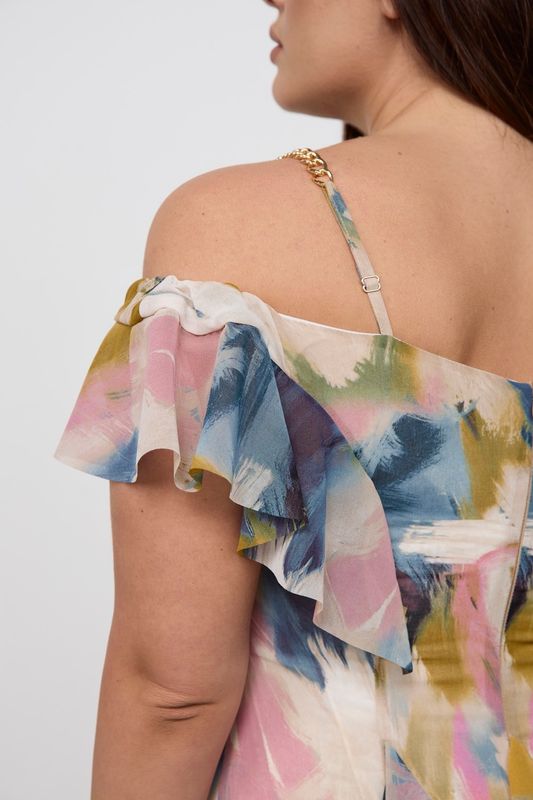 Платье-комбинация с воланами из шифона, абстрактный принт