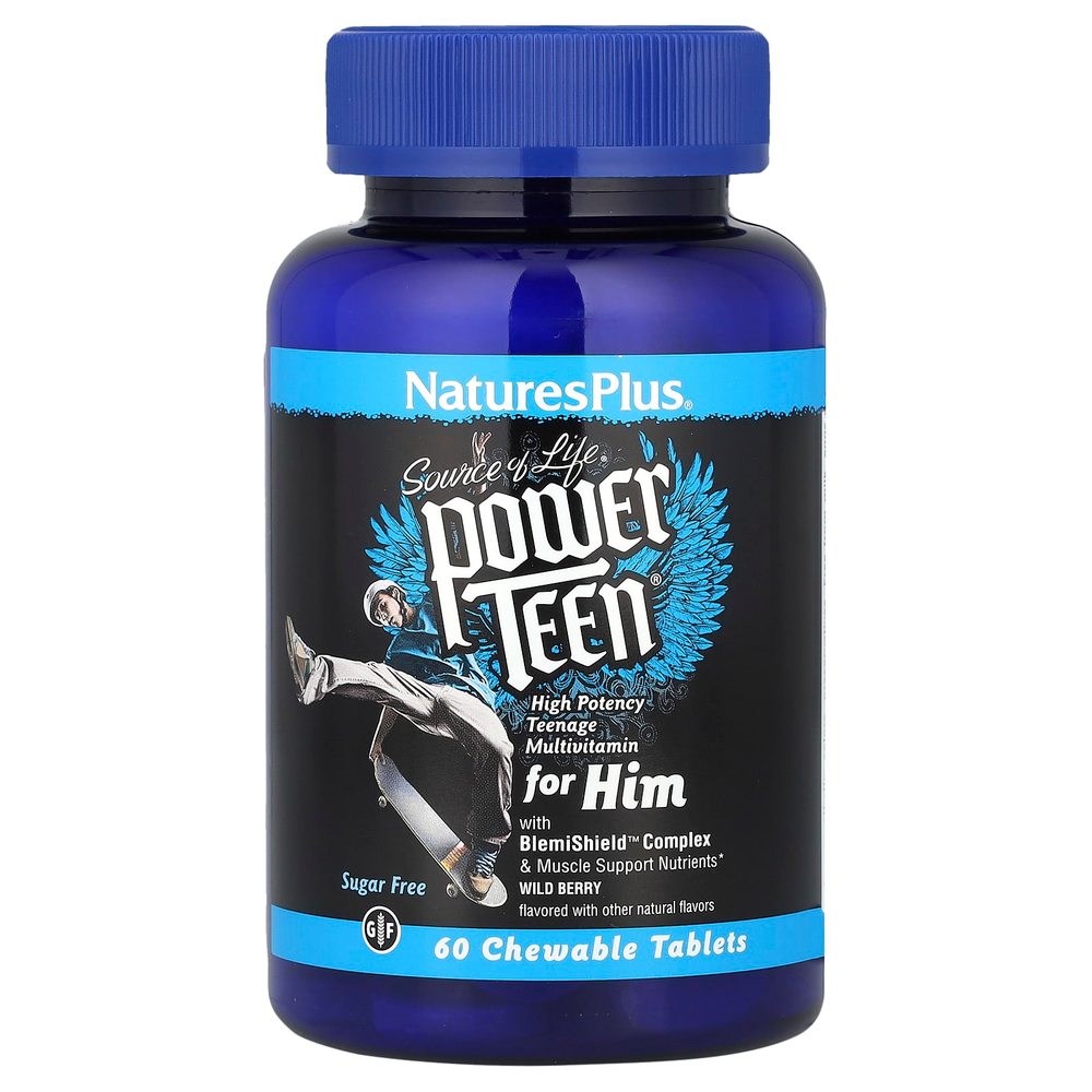 NaturesPlus, Source of Life, Power Teen® for Him, добавка для мальчиков-подростков, без сахара, со вкусом лесных ягод, 60 жевательных таблеток
