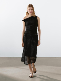 Massimo Dutti Юбка миди из полупрозрачной ткани со стразами, черный