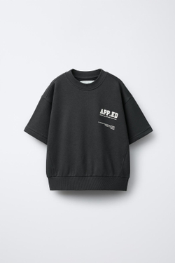 ZARA КОМПЛЕКТ ИЗ ТОЛСТОВКИ С КОРОТКИМИ РУКАВАМИ И БРЮК-ДЖОГГЕРОВ С ТЕКСТОМ, АНТРАЦИТОВО-СЕРЫЙ