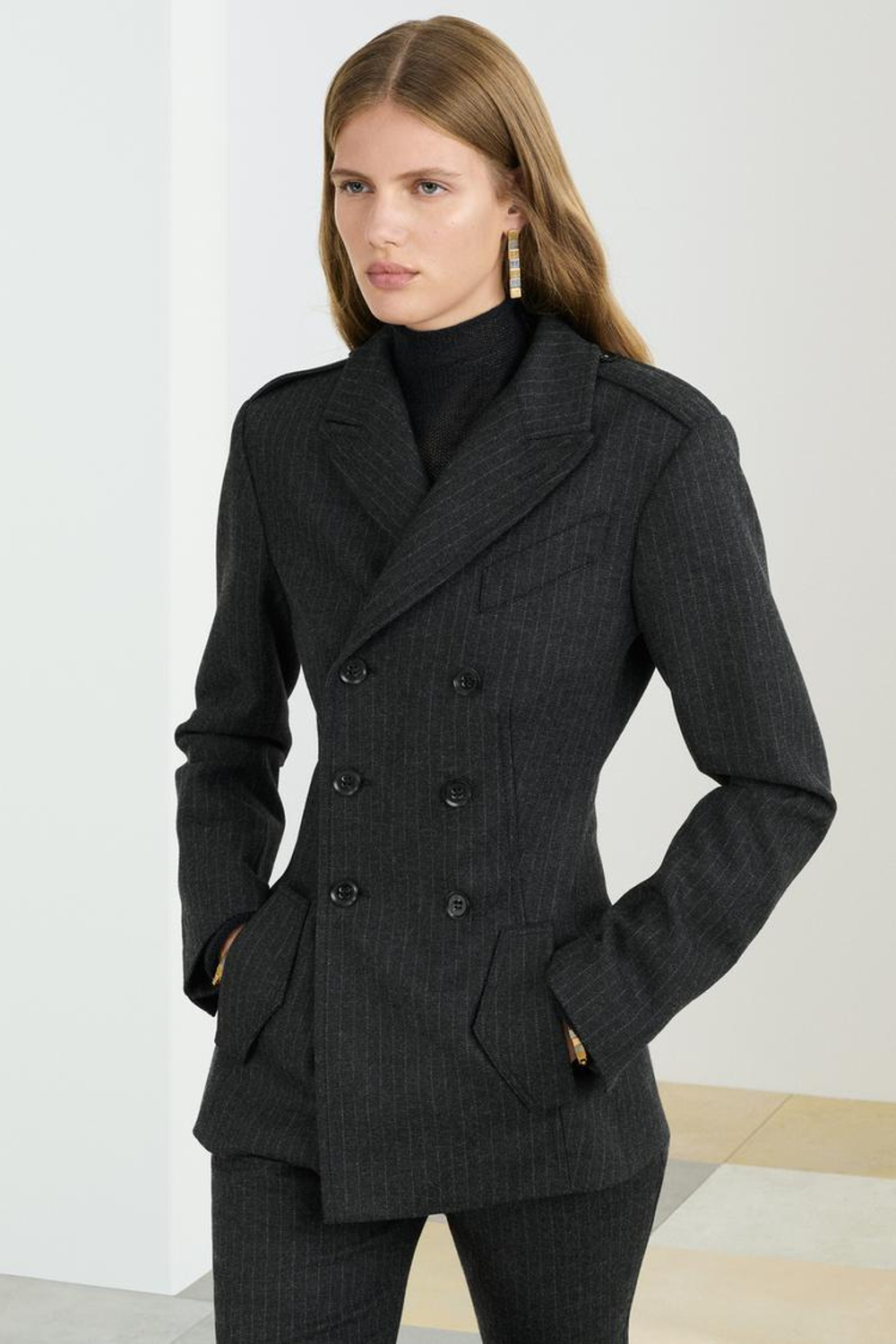 ZARA БЛЕЙЗЕР В МЕЛКУЮ ПОЛОСКУ, ТЕМНО-СЕРЫЙ