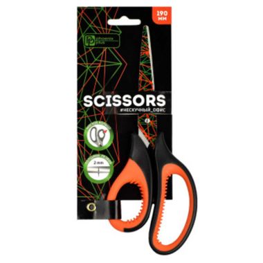 Ножницы офисные Феникс+, арт.64530/ 12 ГЕОМЕТРИЯ (зелёный, оранжевый, чёрный, 19 см, длина лезвия: 7,7 см, нержавеющая сталь, асимметричные, универсальные, картонная подложка с европодвесом)