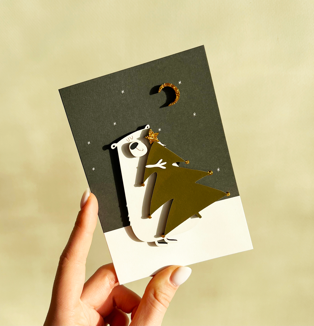 Открытка с деревянным элементом «Новогодний мишка» 13,5 × 9,5 см