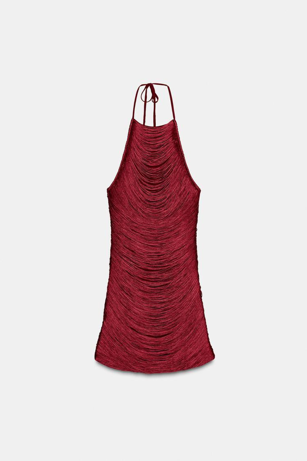 ZARA КОРОТКОЕ ПЛАТЬЕ С ГОРЛОВИНОЙ ХАЛТЕР И БАХРОМОЙ, ВИШНЕВЫЙ