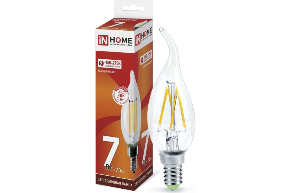Лампа свд 7W 6500К Е14 свеча на ветру филам (нитевид) прозр ASDIn Home