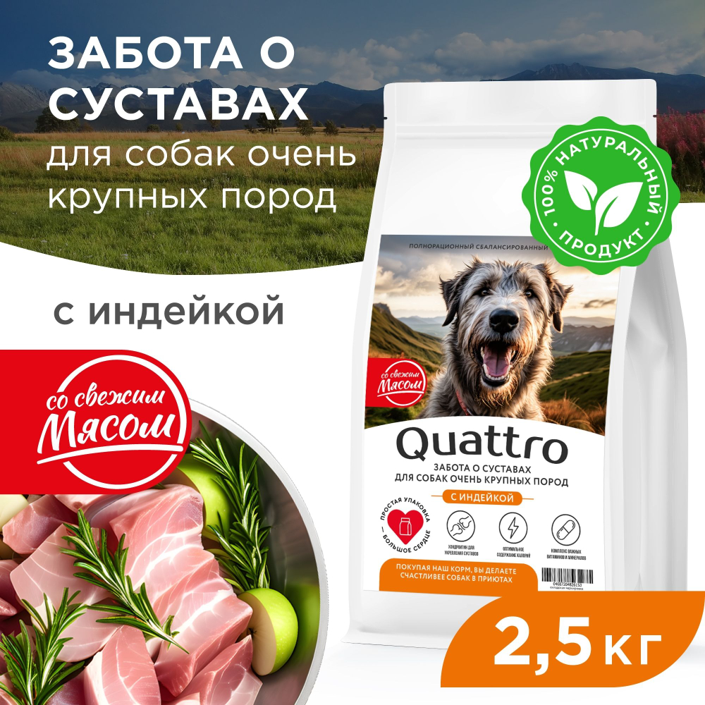 Корм сухой для взрослых собак очень крупных пород, премиум полнорационный комплекс, забота о суставах, с индейкой, 2,5 кг, QUATTRO
