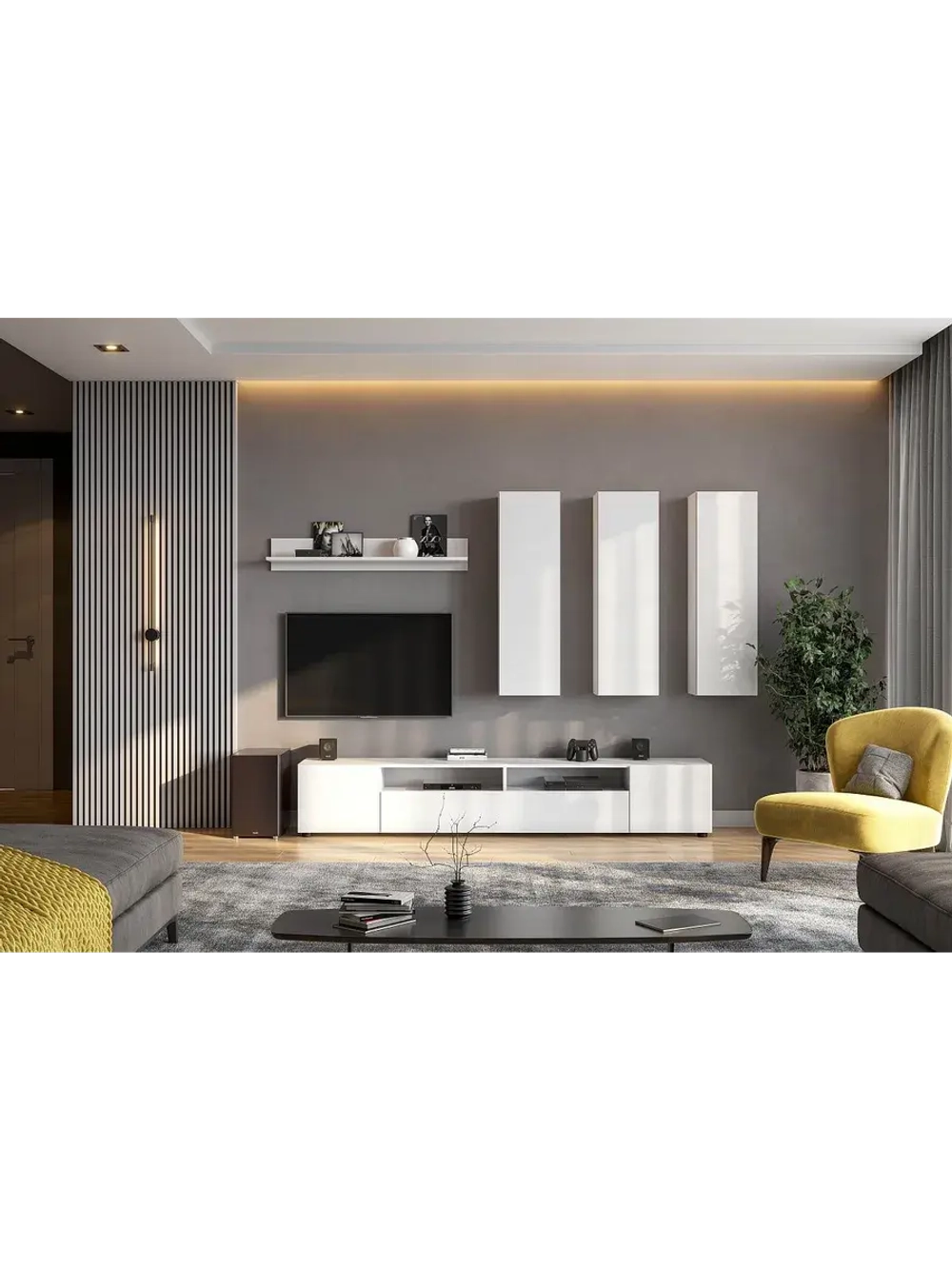 Модульная стенка со шкафом Белый текстурный 230х35х135