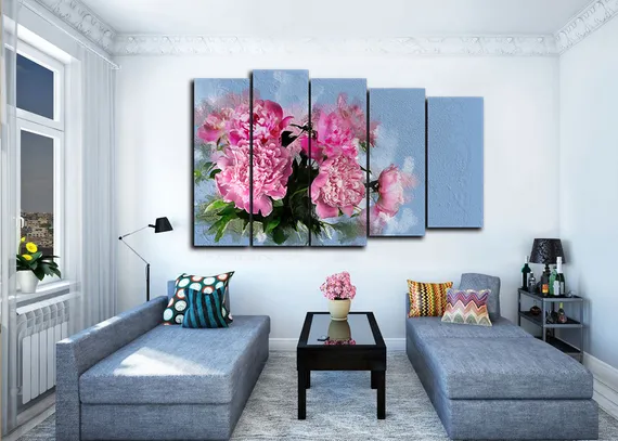 Модульная картина "Пионы на голубом фоне"