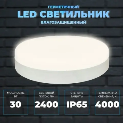 Светильник герметичный настенно-потолочный КРУГ 30Вт, со степенью защиты IP65. Цветовая температура 4000К. Размер 220х50