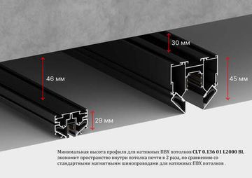 Встраиваемый магнитный шинопровод в натяжной ПВХ потолок 2 метра CLT 0.136 01 L2000 BL чёрный UX5 48V Crystal Lux