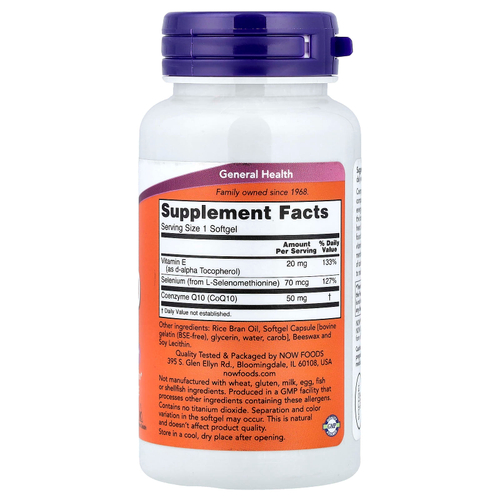 NOW Foods, коэнзим Q10 с селеном и витамином E, 100 капсул