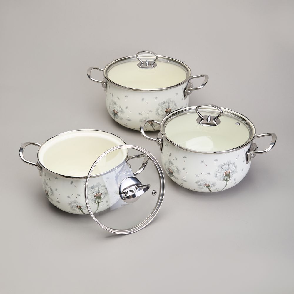 НАБОР КАСТРЮЛЬ ЭМАЛИРОВАННЫЙ, СЕРИЯ "DANDELION" 6ПР. 2,0/2,8/3,8Л ДИА.18/20/22СМ