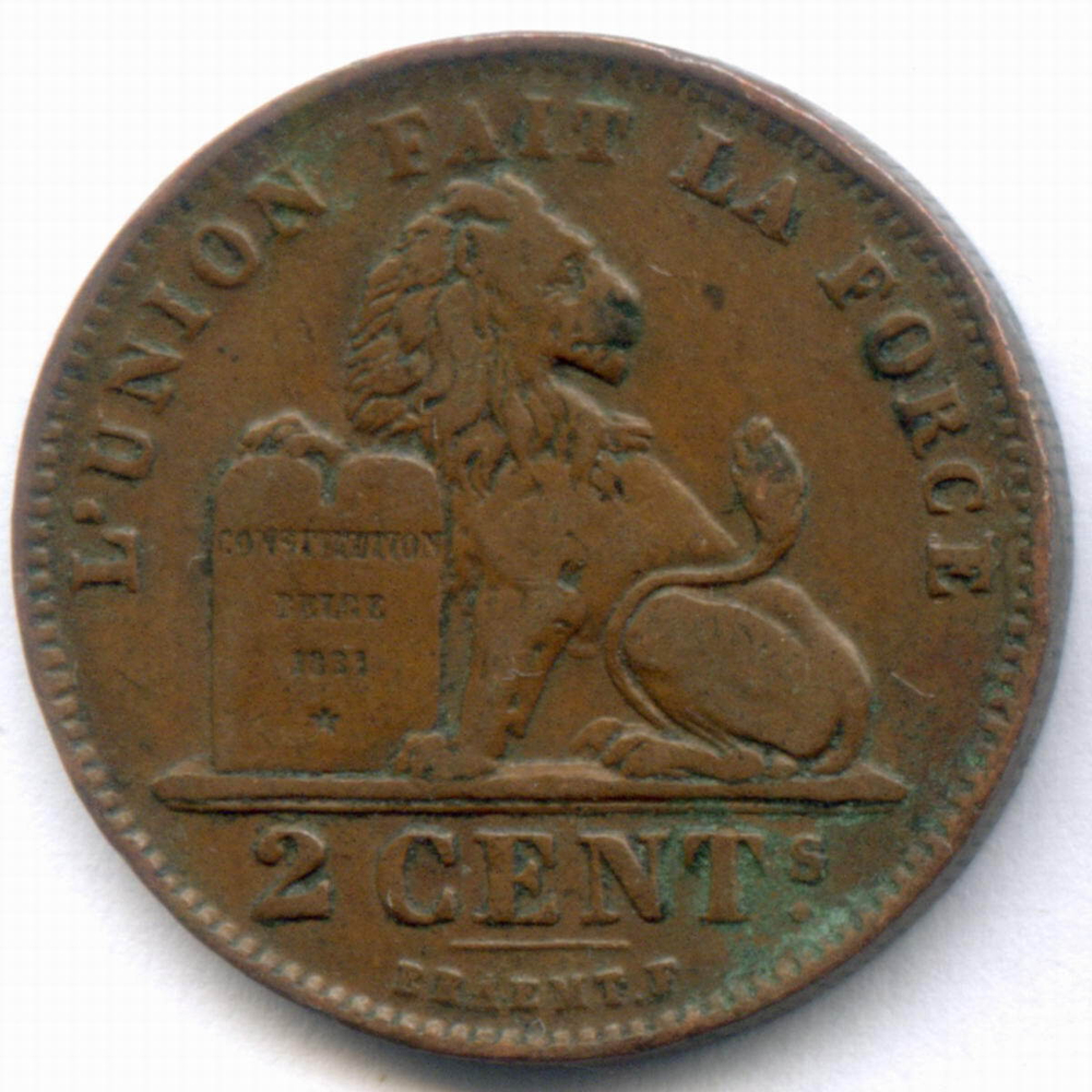 2 сантима 1909 год. Бельгия (Леопольд II). Надпись на французском - DES BELGES. Медь, диаметр 21.5 мм. VF-XF